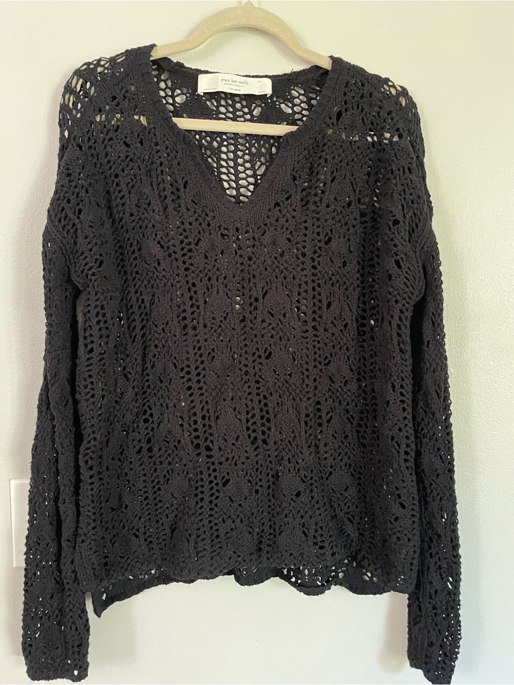 Peace Love World Open Stitch Black Beachy Sweater Sz 1X Boho Festival